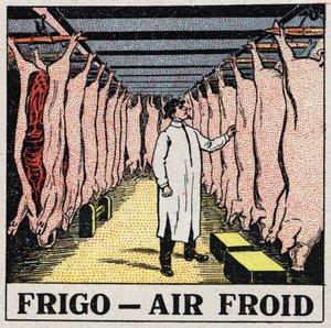 De koude industrie: opslag van vlees in koelkasten. Anonieme illustratie uit 1925. Privécollectie. door Anonymous Anonymous