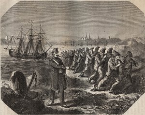 De cordelle (werk van grote vermoeidheid) in de bagne de Rochefort in de 19e eeuw. Gravure in 