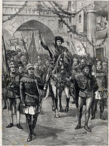 De stoet van corporaties in de 14e eeuw: De provoost van de kooplieden van Parijs. Gravure. In 
