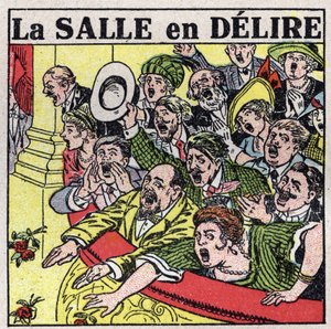 De effecten van muziek: toeschouwers van een theater die hun vreugde uiten met kreten, applaus en bloemen. Anonieme illustratie uit 1925. Privécollectie. door Anonymous Anonymous