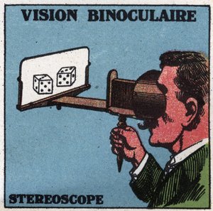 Het oog: binoculair zicht. Gebruik van een stereoscoop om in reliëf te zien. Anonieme illustratie uit 1925. Privécollectie.