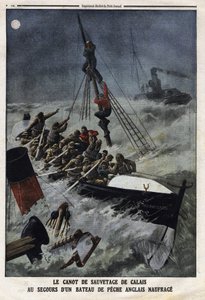 De reddingsboot van Calais om een zinkende Engelse vissersboot te redden. Gravure in Le Petite Journal, op 11/02/1912. Privécollectie.