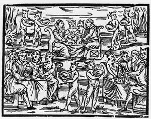 De maaltijd van de heksen op de sabbat - "Compendium Maleficarum", behandelt heksen, hun kwaad en hun toverkunsten door Francesco Maria Guazzo of Guaccio of Guaccius (15?? -16??) 1608 Privécollectie. door Anonymous Anonymous