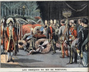 De begrafenis van de koning van Portugal Charles I (1863-1908) die op 1 februari 1908 werd vermoord. Gravure uit de krant "Le Peute Parisien", op 23/02/1908. Privécollectie.