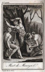 De straf of dood van Marsyas (De Straf van Marsyas) wordt gestraft voor het uitdagen van Apollo met de lier en wordt door de Boogschutter gevild in aanwezigheid van Koning Midas en de Muzen. Gravure uit 1819 in 