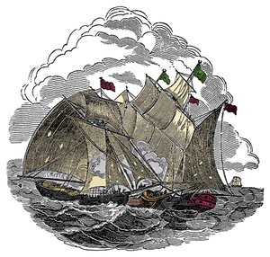 Het schip van de piraat Henry Every (John Avery, Long Ben, Benjamin Bridgeman) viel in september 1695 de vloot van de grote Mogol Aurangzeb aan bij Surate, India. Gravure uit 