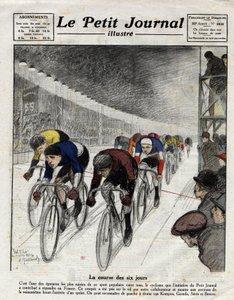De zesdaagse race: Piet van Kempen (1898-1985), Alfred Grenda, Seres en Maurice Brocco (1883-1965) tijdens de sprint. Gravure in Le Petit Journal illustre, op 16/04/1922