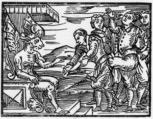 De tovenaars brengen hulde aan de duivel - "Compendium Maleficarum", behandelt heksen, hun kwaad en hun toverkunsten door Francesco Maria Guazzo of Guaccio of Guaccius (15??? -16??) 1608 Privécollectie.