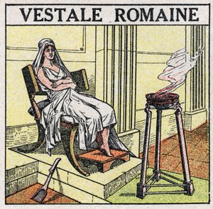 De lichtbronnen: een vestalin in het Romeinse Rijk om een heilig vuur te onderhouden dat nooit mag doven. Anonieme illustratie uit 1925. Privécollectie. door Anonymous Anonymous