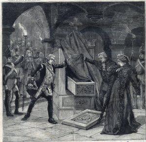 De kelderfase in het stuk "Catherine van Rusland" in het theater van Cathelet Paul Ginisty en Charles Samson. Gravure in "Le Petit Parisien"