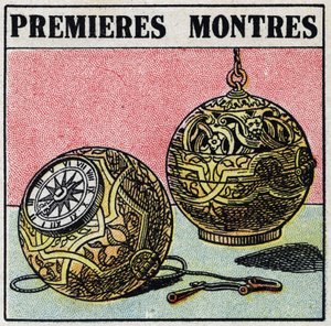 Tijd: eerste horloges van de 15e eeuw. Anonieme illustratie uit 1925. Privécollectie.