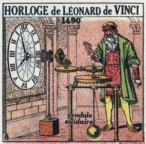 Tijd: gewichtsklok uitgevonden door Leonardo da Vinci (1452-1519) in 1490. Het vervangt de slinger door een verticale balans. Anonieme illustratie uit 1925. Privécollectie. door Anonymous Anonymous