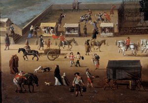Verkeer op de Pont Neuf in Parijs in de 17e eeuw (detail)