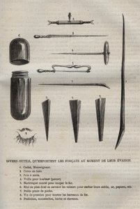 Verschillende gereedschappen die de veroordeelden meenemen wanneer ze ontsnappen. Gravure in 