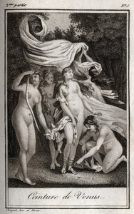 Venusgordel: Terwijl de strijd doorgaat in het voordeel van de Trojanen, gebruikt Juno de gordel van Venus om Jupiter te betoveren, en slaap om hem in slaap te brengen. Gravure uit 1819 in 