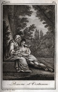 Vertumnus en Pomona (Jupiter en Ceres): Vertumnus, verliefd op de nimf Pomona, vermomt zich als een oude vrouw om haar te benaderen. Gravure uit 1819 in "Lettres à Emilie sur la mythologie" door Charles Albert Demoustier (1760-1801). Privécollectie.