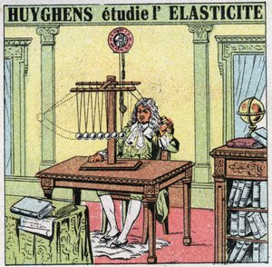 Trillingsbewegingen: Christiaan Huygens (1629-1695) bestudeert de elasticiteit van het materiaal door ivoren kralen te observeren. Anonieme illustratie uit 1925. Privécollectie.