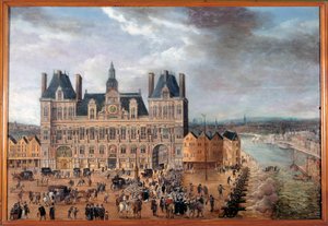 Uitzicht op Place de Greve en het Stadhuis in Parijs tijdens een openbaar feest rond 1640