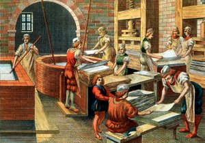 Zicht op een papierfabriek in Fabriano in de 16e eeuw, Italië. De verschillende stappen. Illustratie door Anonymous Anonymous