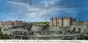 Uitzicht op de Bastille van Parijs, de Porte Saint Antoine en een deel van de buitenwijk in de 18e eeuw (gravure) - privécollectie door Anonymous Anonymous