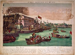 Zicht op de haven van de stad New York in de Verenigde Staten, links een scheepswerf. De monding van de Hudson River en Manhattan Island. Gravure uit de 18e eeuw. Privécollectie door Anonymous Anonymous