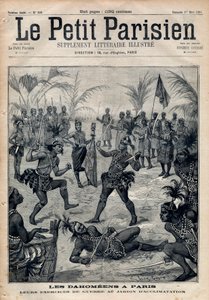 Oorlogsoefeningen: Amazones, krijgers en fetisjisten uit Dahomey (nu Benin) uit de tuin van acclimatisatie in Parijs (Menselijke Zoo). Gravure in 