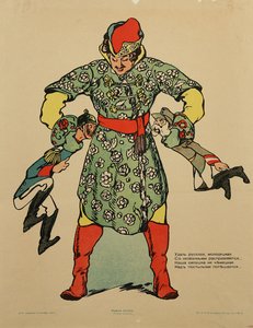 Wilhelm II van Pruisen en Frans Jozef I van Oostenrijk bij de nek vastgehouden door een Russische reus. - Russische Eerste Wereldoorlog Propagandaposter door Anoniem door Anonymous Anonymous
