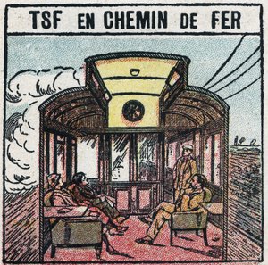 Draadloze telefonie: T.S.F. in een spoorwegrijtuig. Anonieme illustratie uit 1925. Privécollectie.