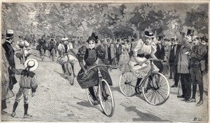 Vrouwenrace van velocipedisten in het Bois de Boulogne bij Parijs. Gravure in 