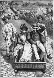 carros de cesto in Madeira 1893 - Les corinhos (carrieros) a Madere (Madeira) - mannen die een zitplaats op wieltjes (un corinho) begeleiden. gravure in 