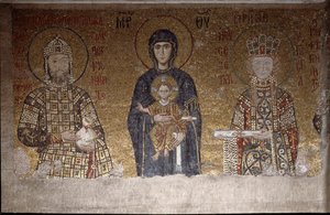 De Maagd zittend tussen Johannes II Komnenos en zijn vrouw Irene van Hongarije door Anthemius of and Miletus Isidore of Tralles