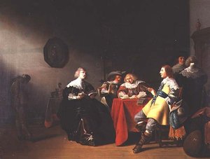 Een interieur met elegante figuren die lezen