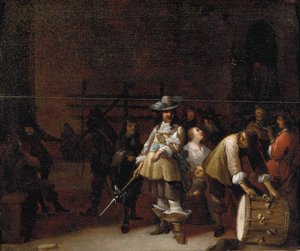 Een wachtkamerinterieur met een ridder die met een trommelaar praat