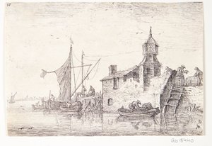 Aanlegplaats met een gebouw met een toren door Anthonie Waterloo