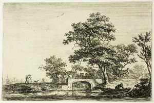 Vier mannen op een stenen brug