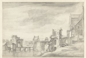 Gezicht op ruïnes aan een rivieroever (St. Walburgkerk te Arnhem?) door Anthonie Waterloo