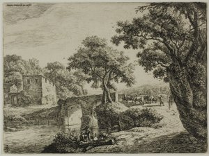 Kudde bij een stenen brug