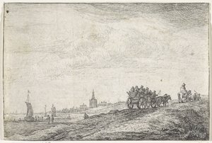 Kustlijn met paard en wagen door Anthonie Waterloo
