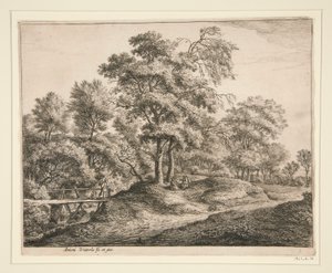 De boerin en het meisje op de kleine houten brug door Anthonie Waterloo