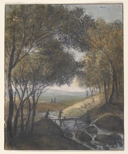 Landschap met een reiziger die een brug oversteekt (voorzijde); Schetsen van een poort, een brug en een gemeentehuis (achterzijde)