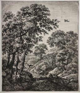Zes grote staande landschappen met scènes uit het Oude Testament: Elia gevoed door de raven door Anthonie Waterloo
