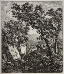 Zes grote staande landschappen met scènes uit het Oude Testament: Tobias en de Engel door Anthonie Waterloo