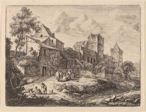 Plein voor een herberg door Anthonie Waterloo