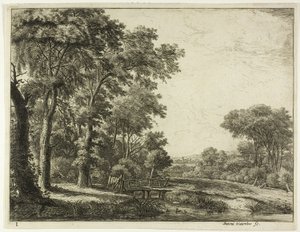 De ingang van het bos bij het houten bruggetje door Anthonie Waterloo