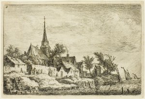 De kerktoren in het dorp aan zee