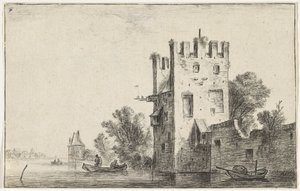 Vierkante toren aan het water door Anthonie Waterloo