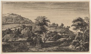 Watermolen aan de voet van een heuvel door Anthonie Waterloo