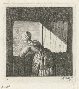 Vrouw leunend op een onderdeur