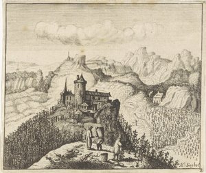 Bergachtig landschap met druivenplukkers