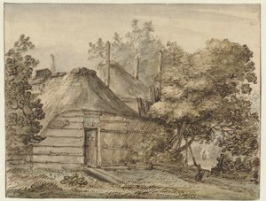 Boerderij en een hooiberg tussen bomen door Anthonie van Borssom